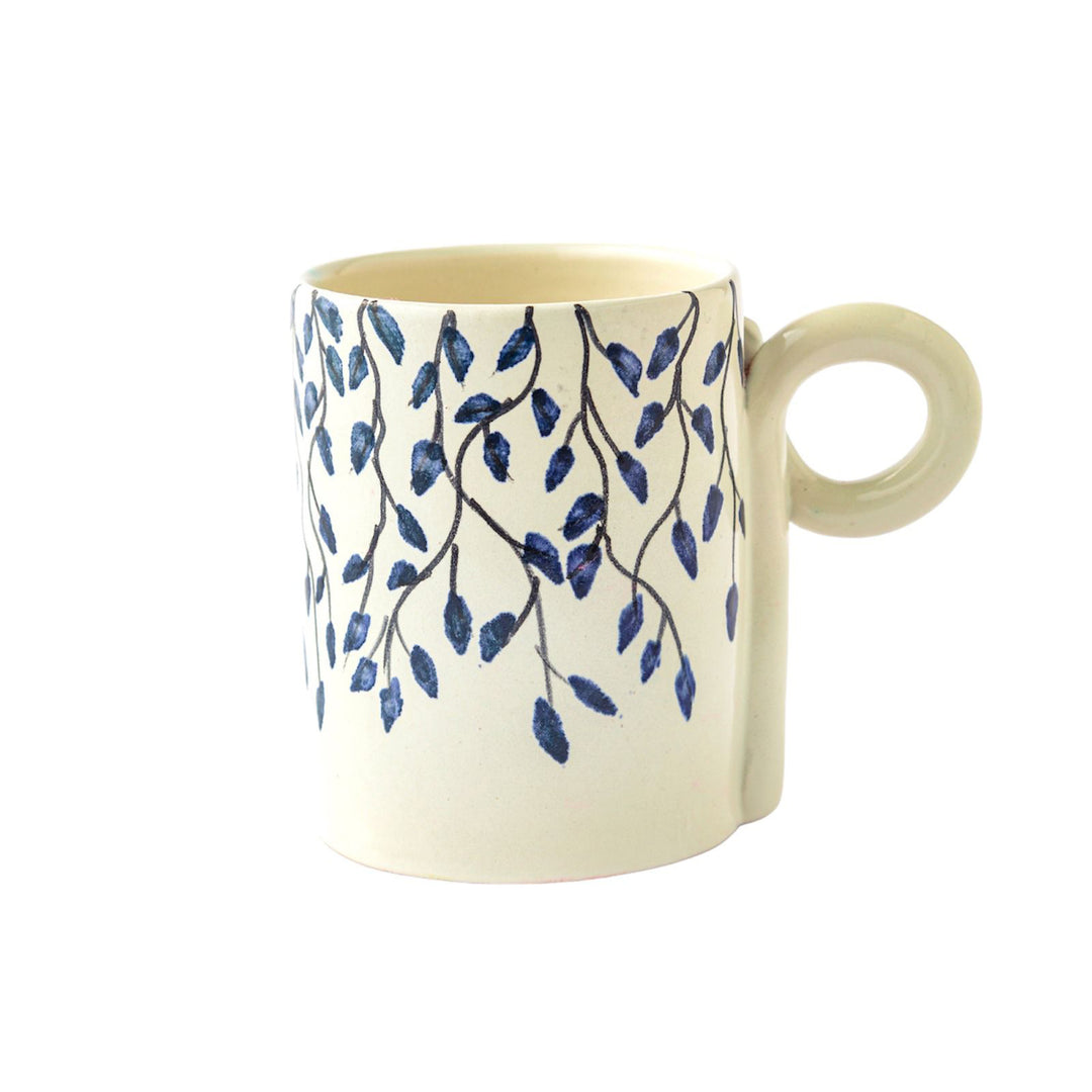 Hand Made Pottery - Cylindrical Shaped - Off White and Blue Leaves - 300 ml