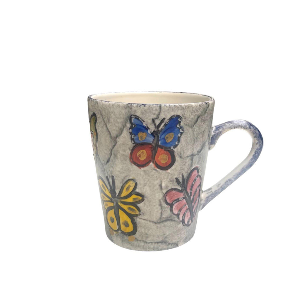 Hand Painted - Colorful Butterflies Marble Mug - Blue Handle 300ml