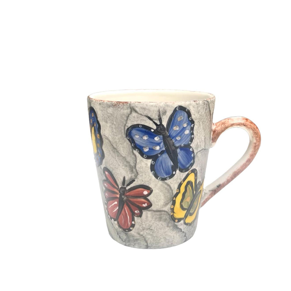 Hand Painted - Colorful Butterflies Marble Mug - Light Brown Handle - 300ml