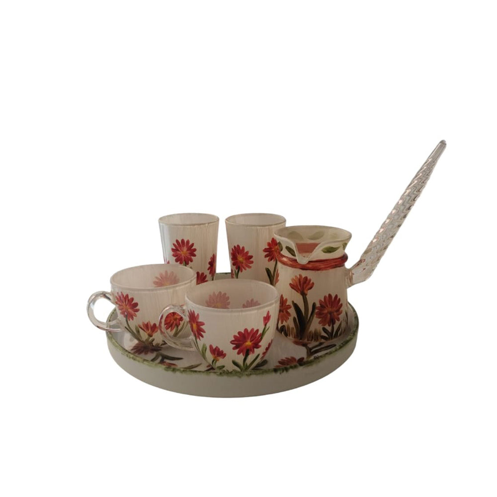 Hand Painted Glass Coffee Set - Flowery - 6 Pieces