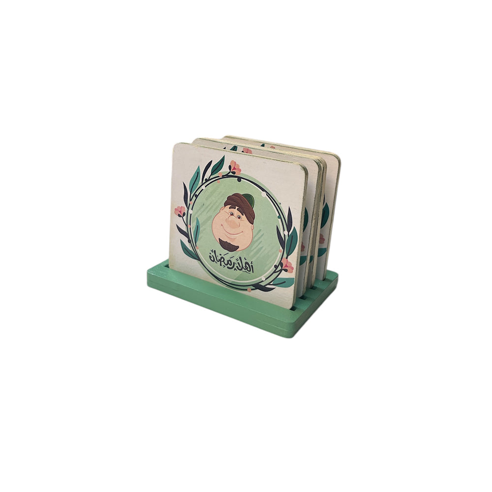 Handmade Wooden Coaster - Ramadan Design - White & Green - 5 Pieces