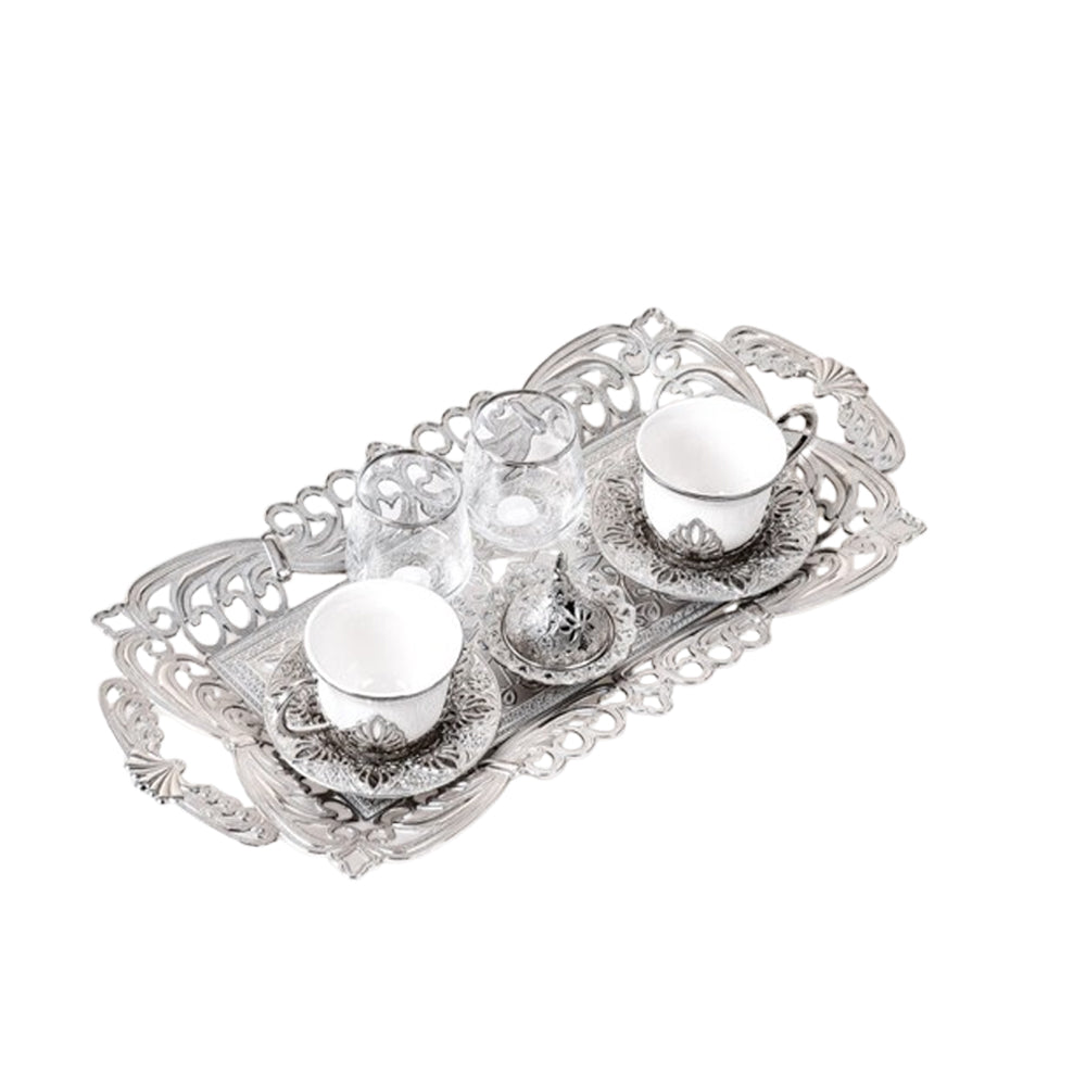 Porcelain Double Presentation Coffee Set - White & Silver - 9 pieces