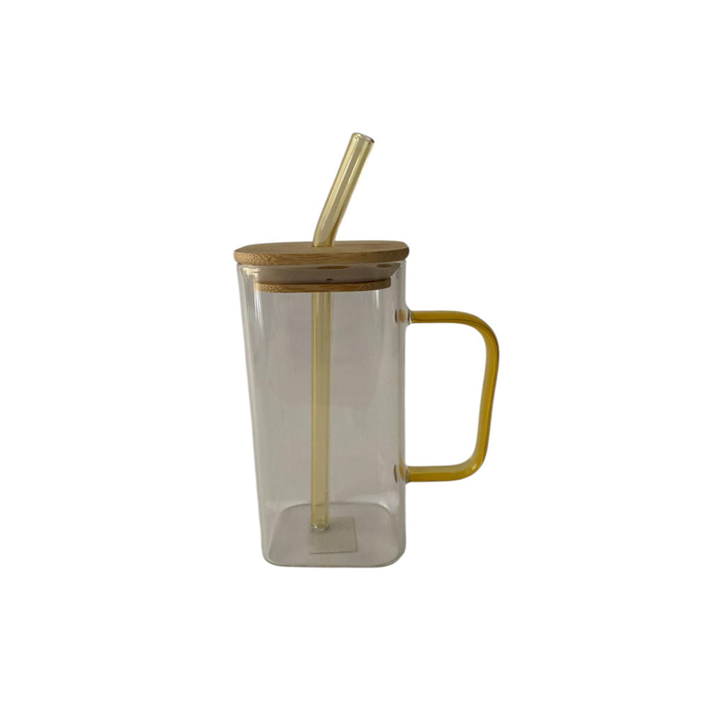 Square Glass With Straw - Transparent with Yellow Hand - 350 ml