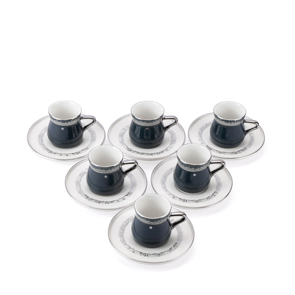 Porcelain Turkish Coffee Set - Arabic Calligraphy - Blue and Silver - 12 pieces