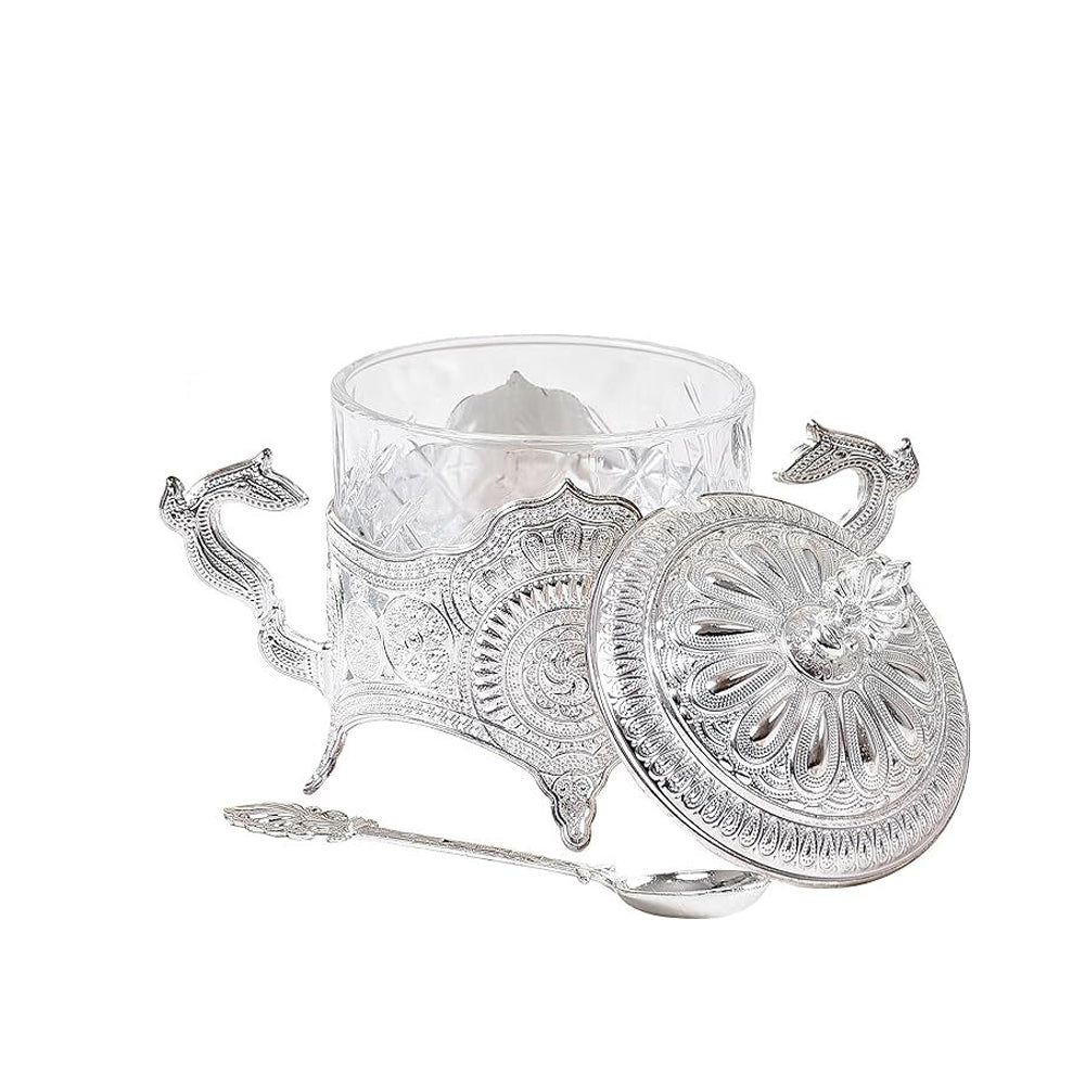 Turkish Decorative Glass Sugar Bowl with small tea spoon - Silver
