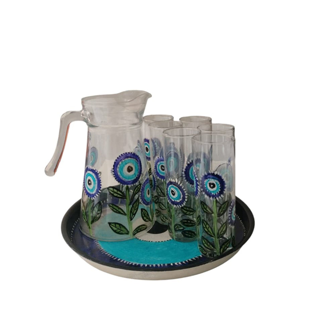Hand Painted Water and Juice Set - 6 Cups and Jug and Tray - Blue Flowers