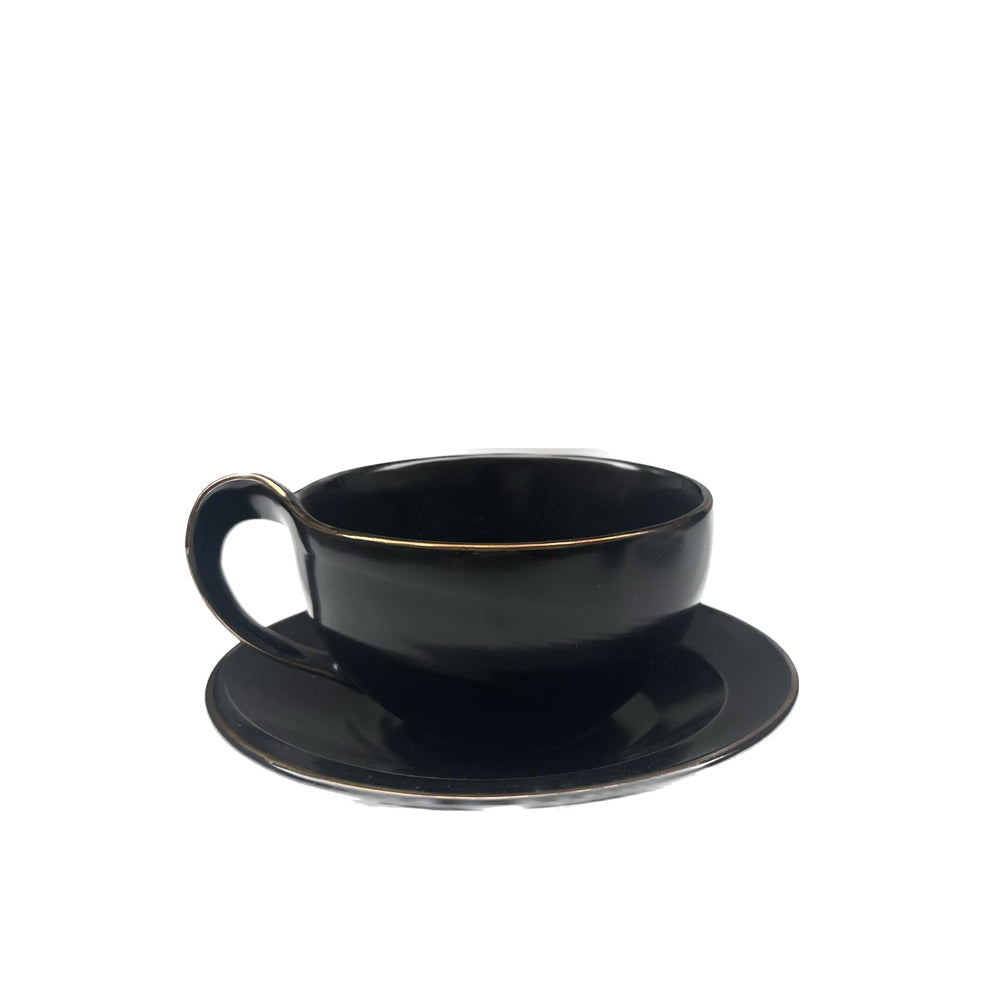 Black with Gold Rim Porcelain Coffee Cup with Underline - Round