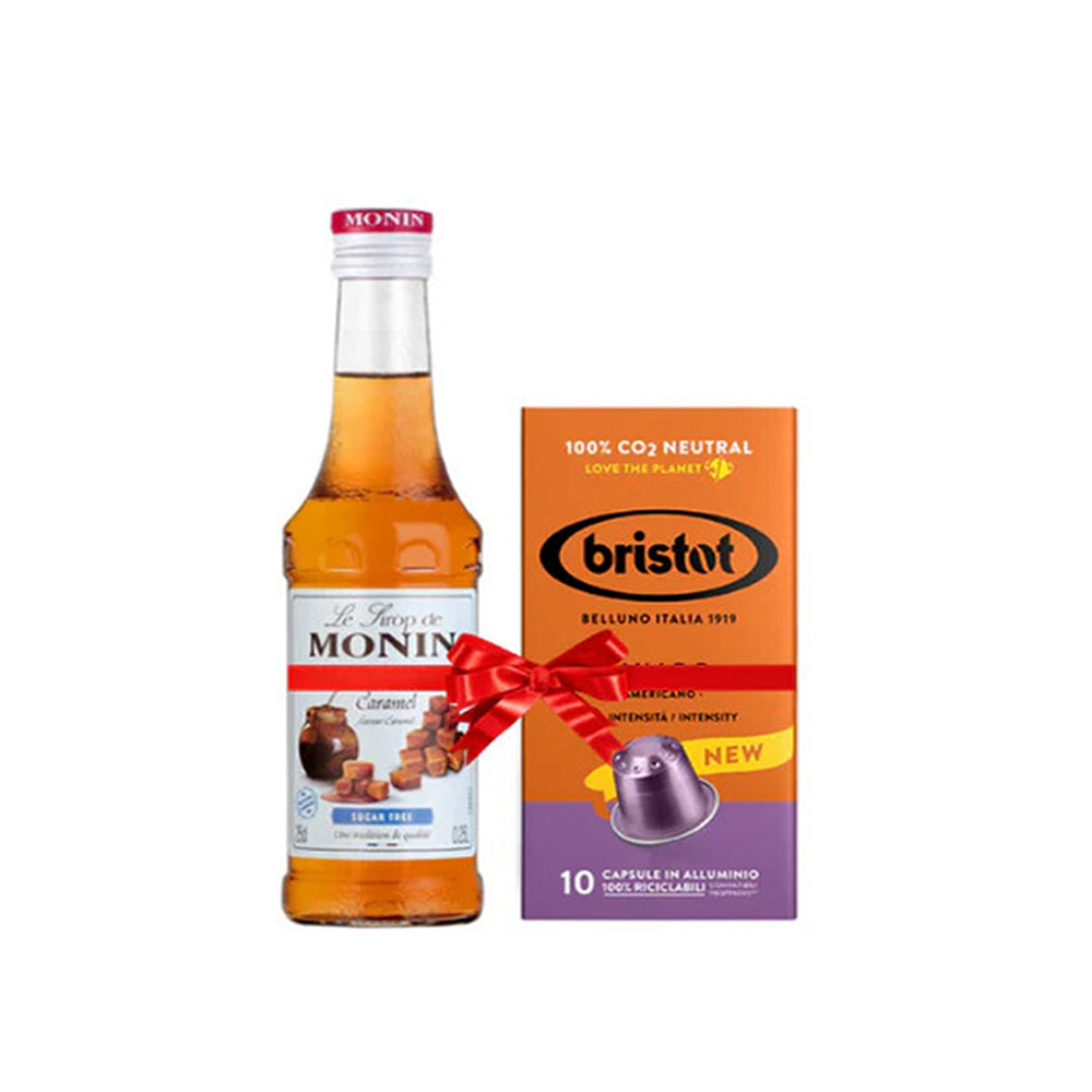 Bundle Offer: Monin Flavouring Syrup - Sugar Free Caramel 250 ml+ 1 Bristot Lungo 10 capsules.