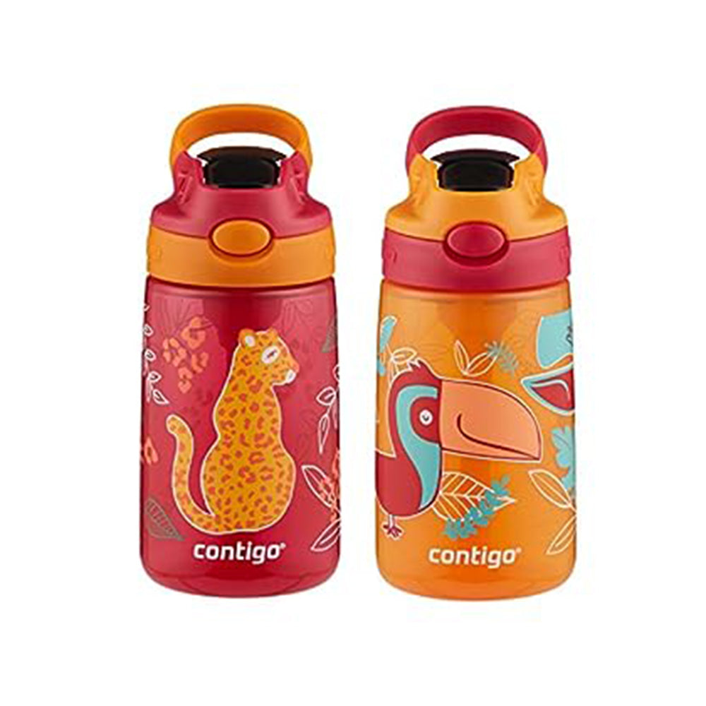 Contigo Aubrey Kids - Water Bottle with Silicone Straw and Spill-Proof Lid - 14oz - 2-Pack - Cheetah & Toucans
