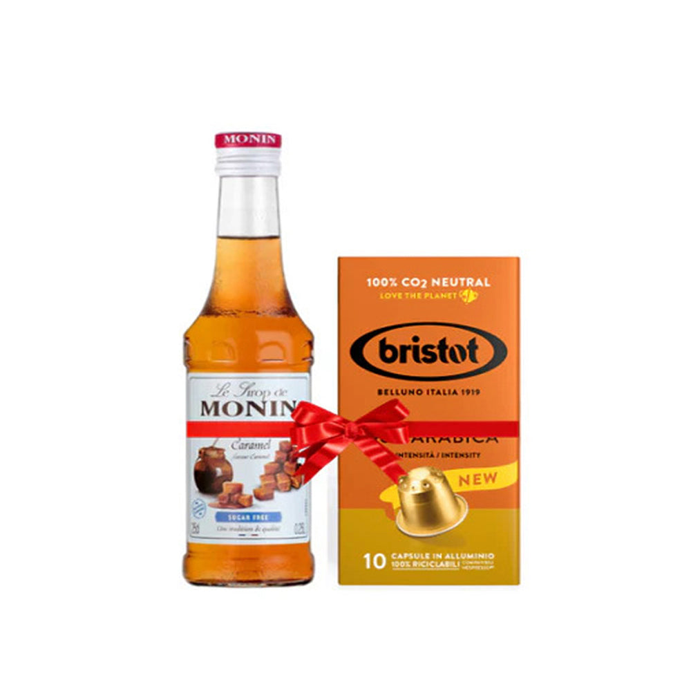 Bundle Offer: Monin Flavouring Syrup - Sugar Free Caramel 250 ml+ 1 Bristot 100% Arabica 10 capsules.