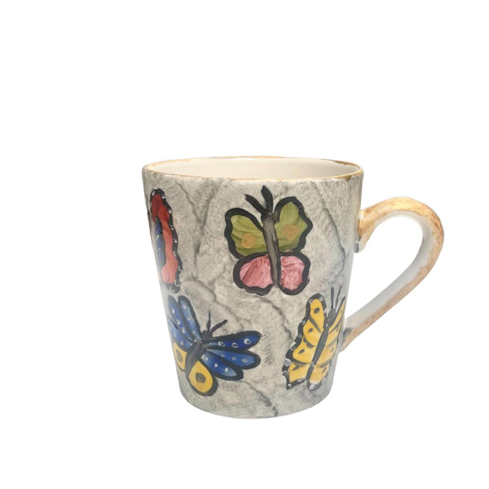 Hand Painted - Colorful Butterflies Marble Mug - Gold Handle - 300ml