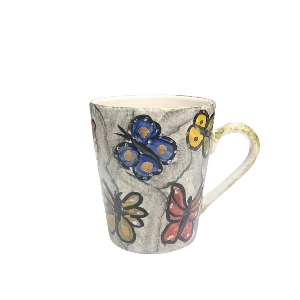 Hand Painted - Colorful Butterflies Marble Mug - Green Handle - 300ml
