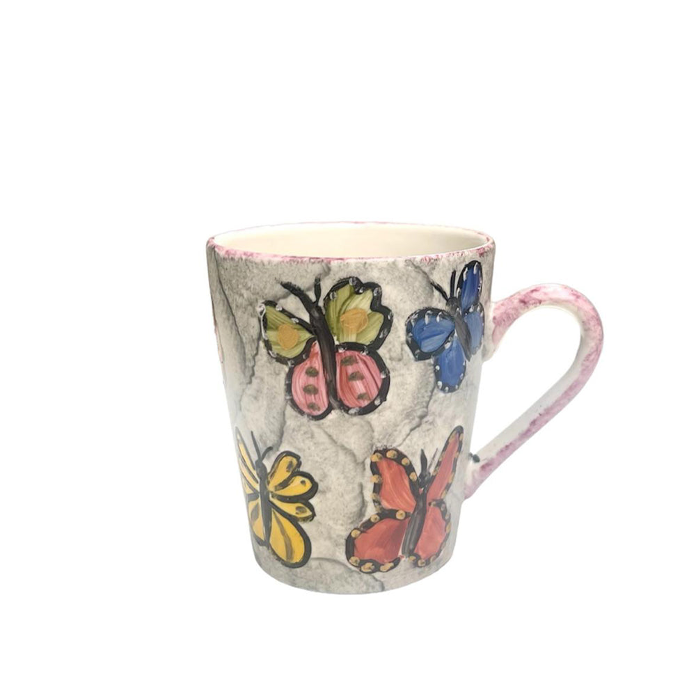Hand Painted - Colorful Butterflies Marble Mug - Purple Handle - 300ml
