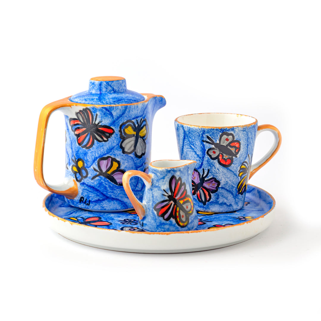 Hand Painted Porcelain Single Tea Set - Blue Butterfly