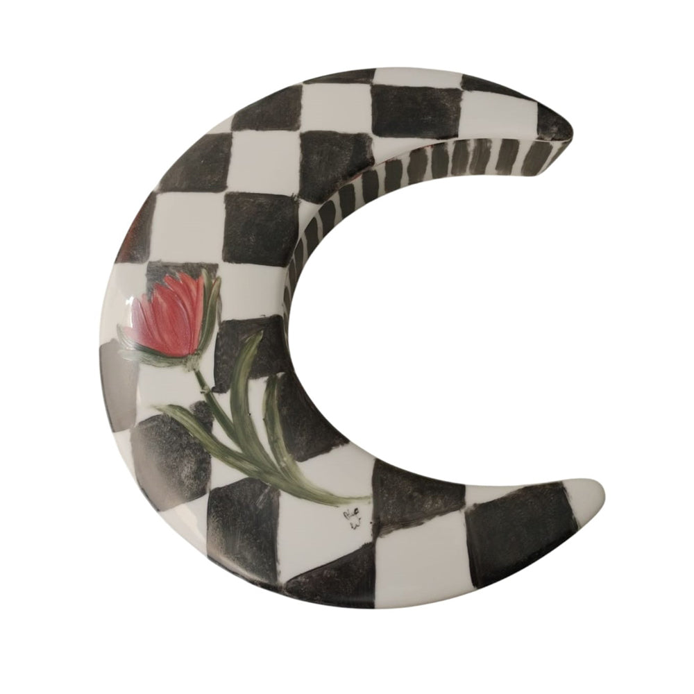 Hand Painted Porcelain Serving Platter with Crescent - White and Black