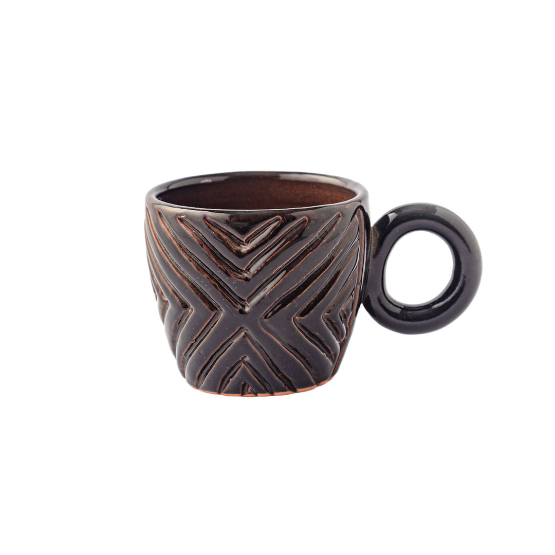 Handmade Pottery Cup - U Shaped - Triangle Illusion - Black/Brown - 150 mL