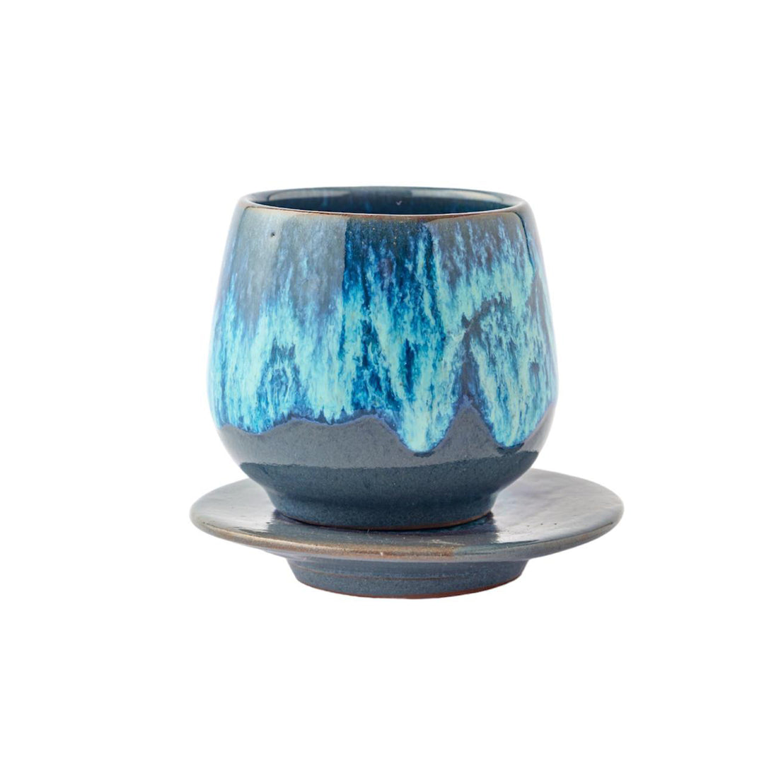 Handmade Pottery Handless Cup with Coaster - Circular - Floating Blue/Petrol Base - 225 ml