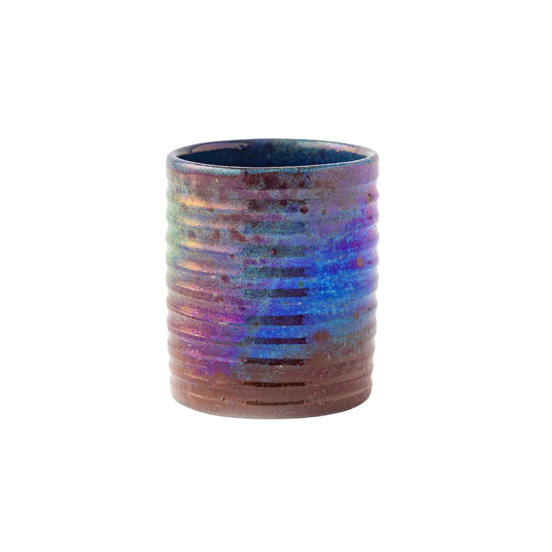 Handmade Pottery Handless Mug - Rings - Rustic - Glossy Reddish Blue - 250 ml