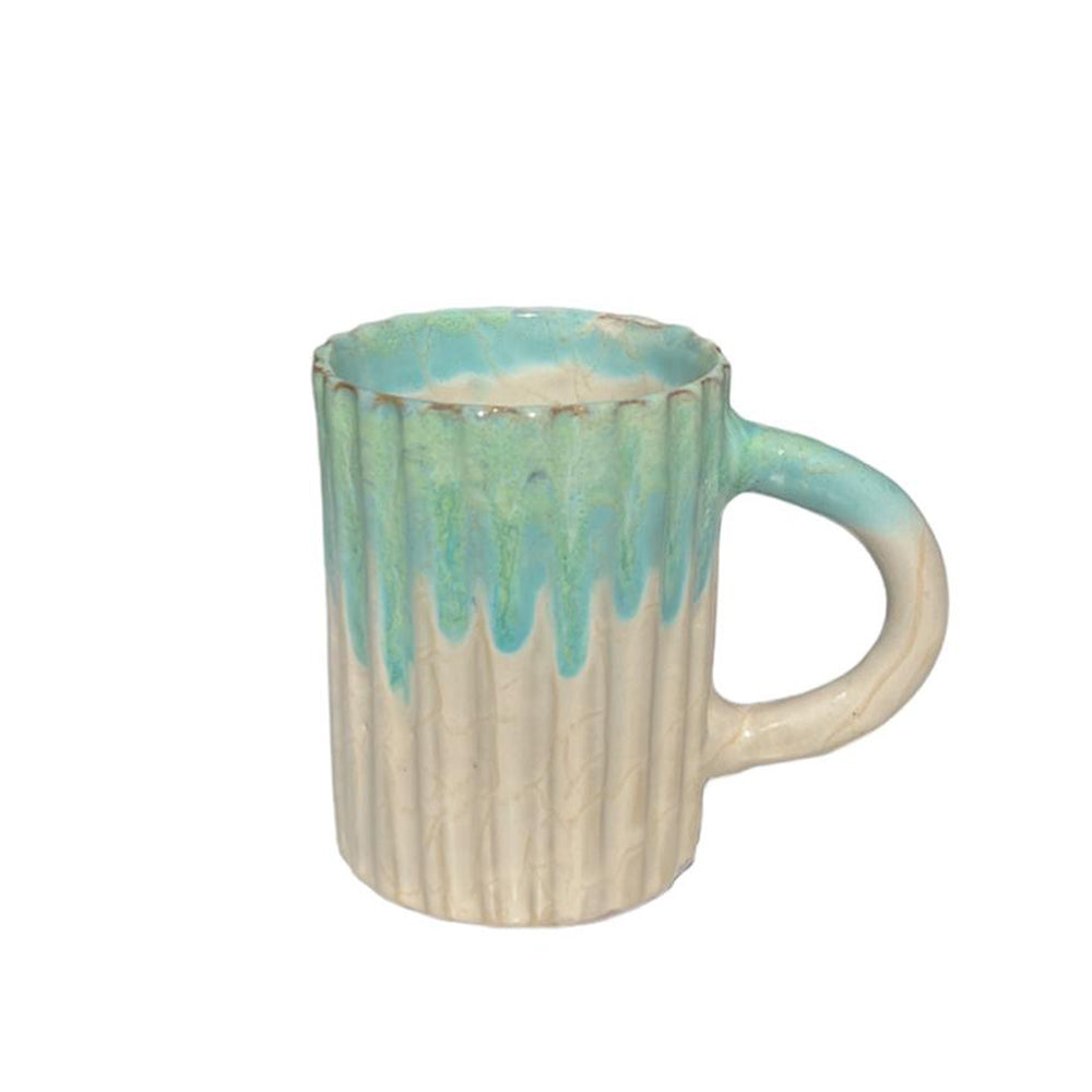 Handmade Pottery Mug - Grooved Barrel - Green Waves - 260 ml