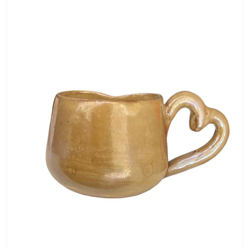 Handmade Pottery Mug - Heart Shaped - Rustic Glossy - Gold - 300 ml