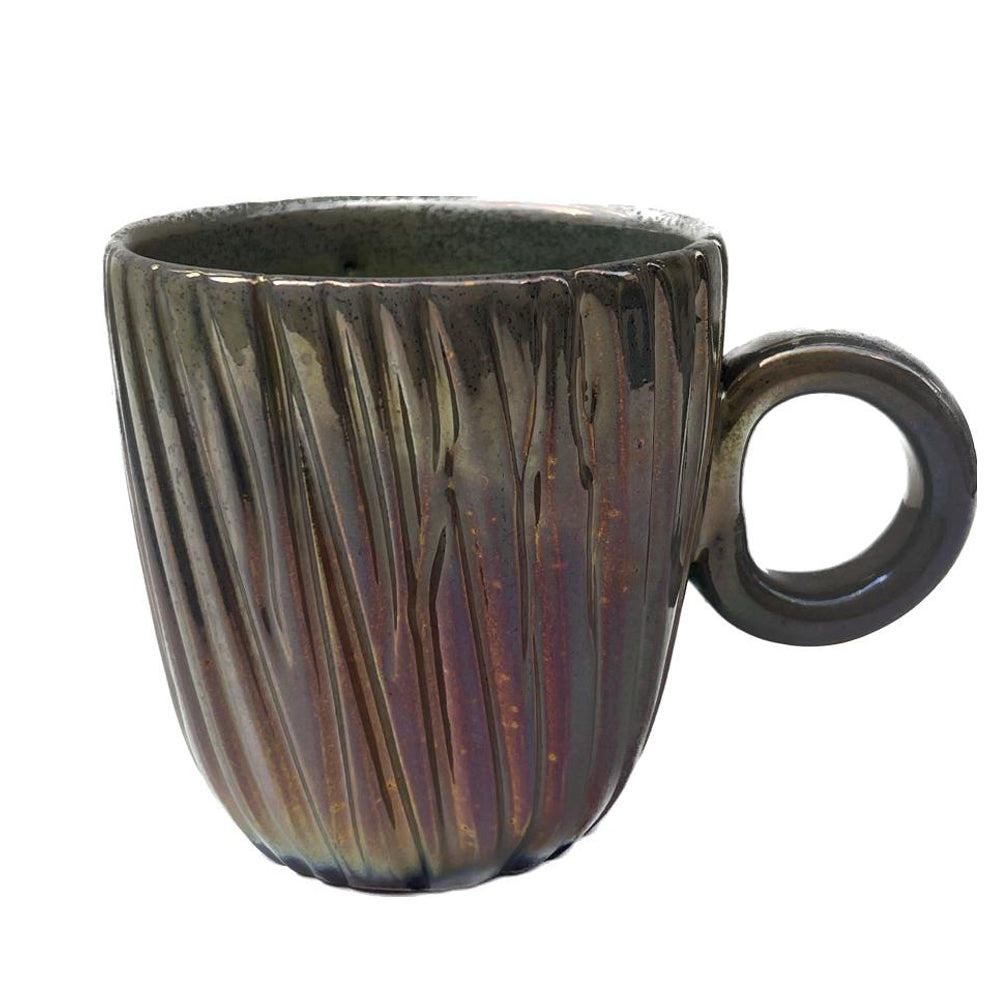 Handmade Pottery Mug - Rustic - Diagonal Grooved - Glossy Pinkish Green