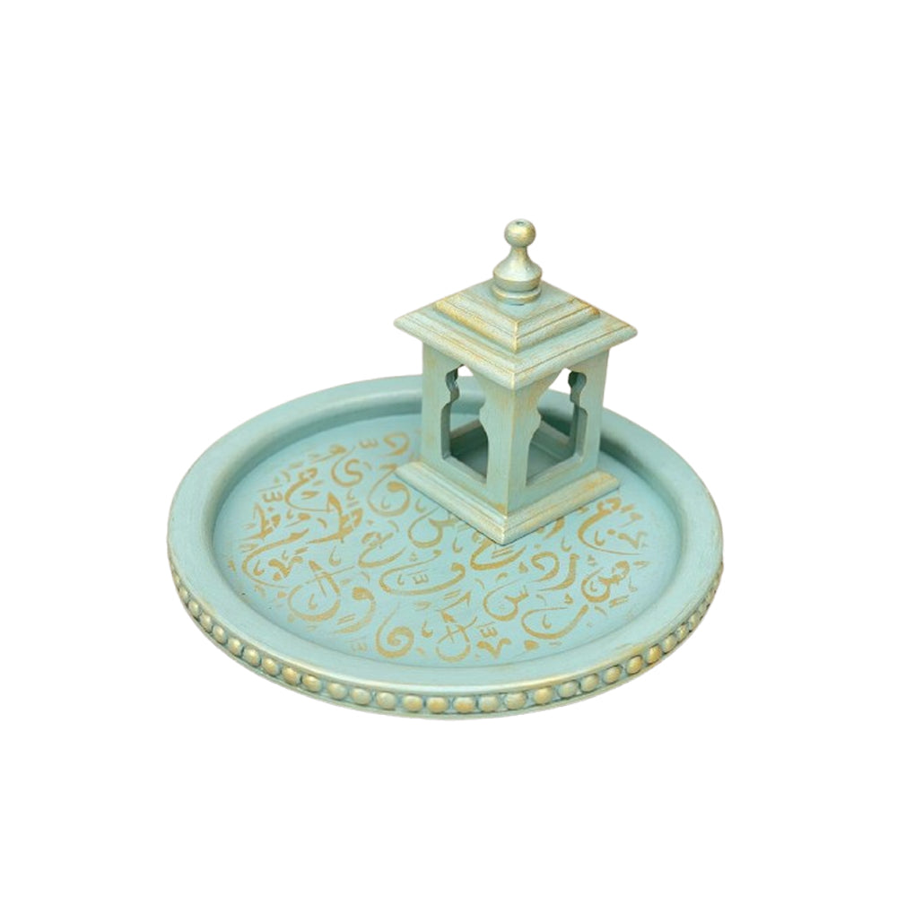 Handmade Wooden Tray With Lantern - Mint Green and Gold Paint - 25 cm