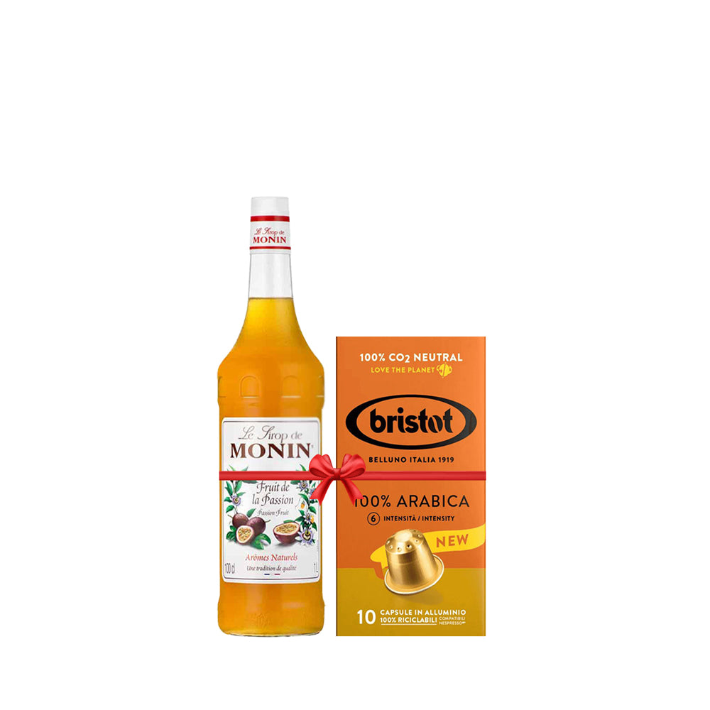 Bundle Offer: Monin Flavouring Syrup - Passion Fruit 250 ml + 1 Bristot 100% Arabica 10 Capsules