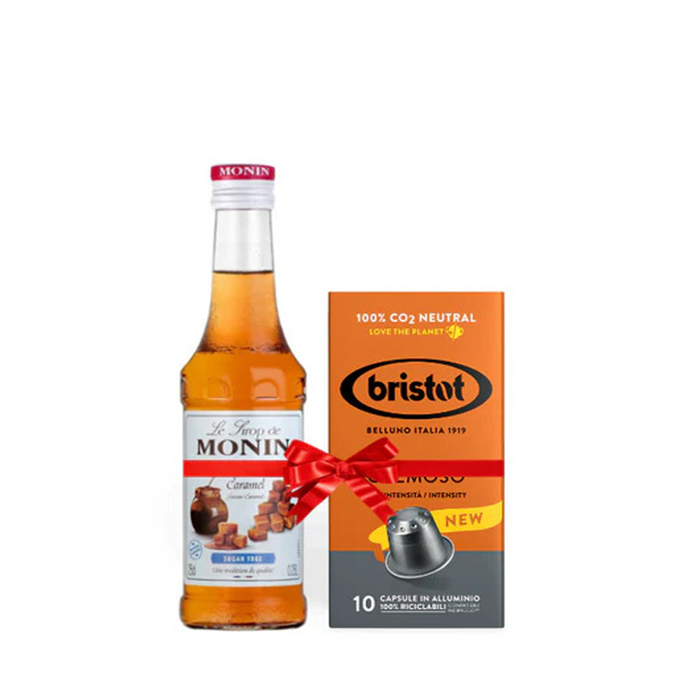 Bundle Offer: Monin Flavouring Syrup - Sugar Free Caramel 250 ml+ 1 Bristot Cremoso 10 capsules.