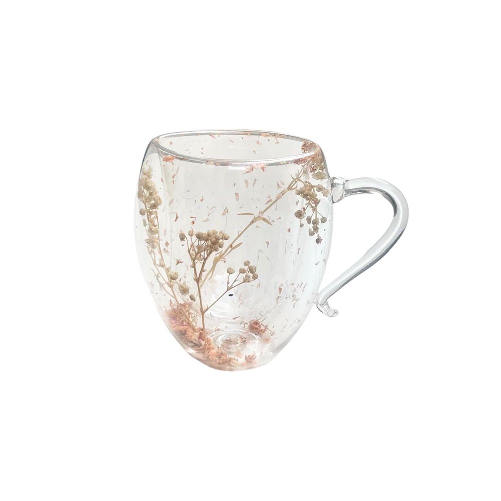 Double Glass Mug with Pink Flowers - 190 mL