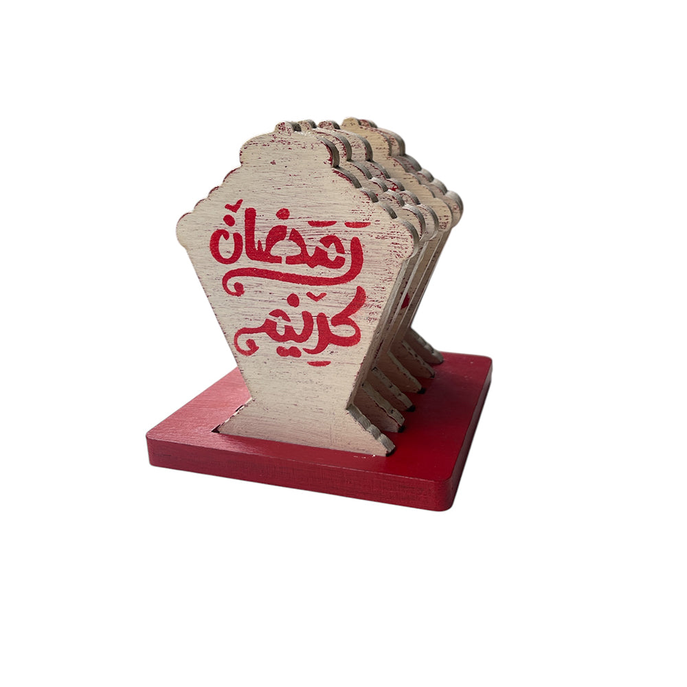 Handmade Wooden Coaster - Ramadan Kareem - White & Red - 7 pieces