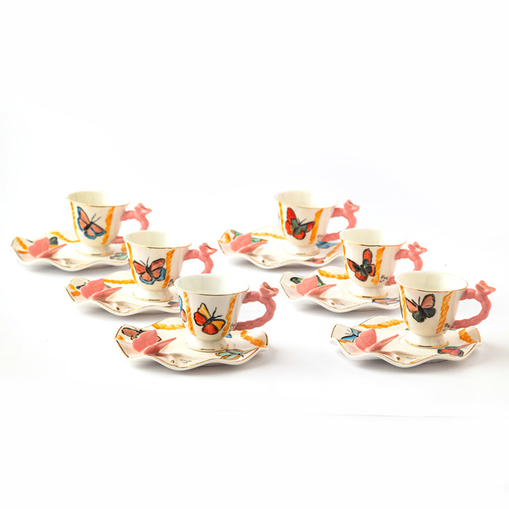 Hand Painted Butterflies - Pink Butterfly Roses Turkish Coffee Set - 6 Cups with underline
