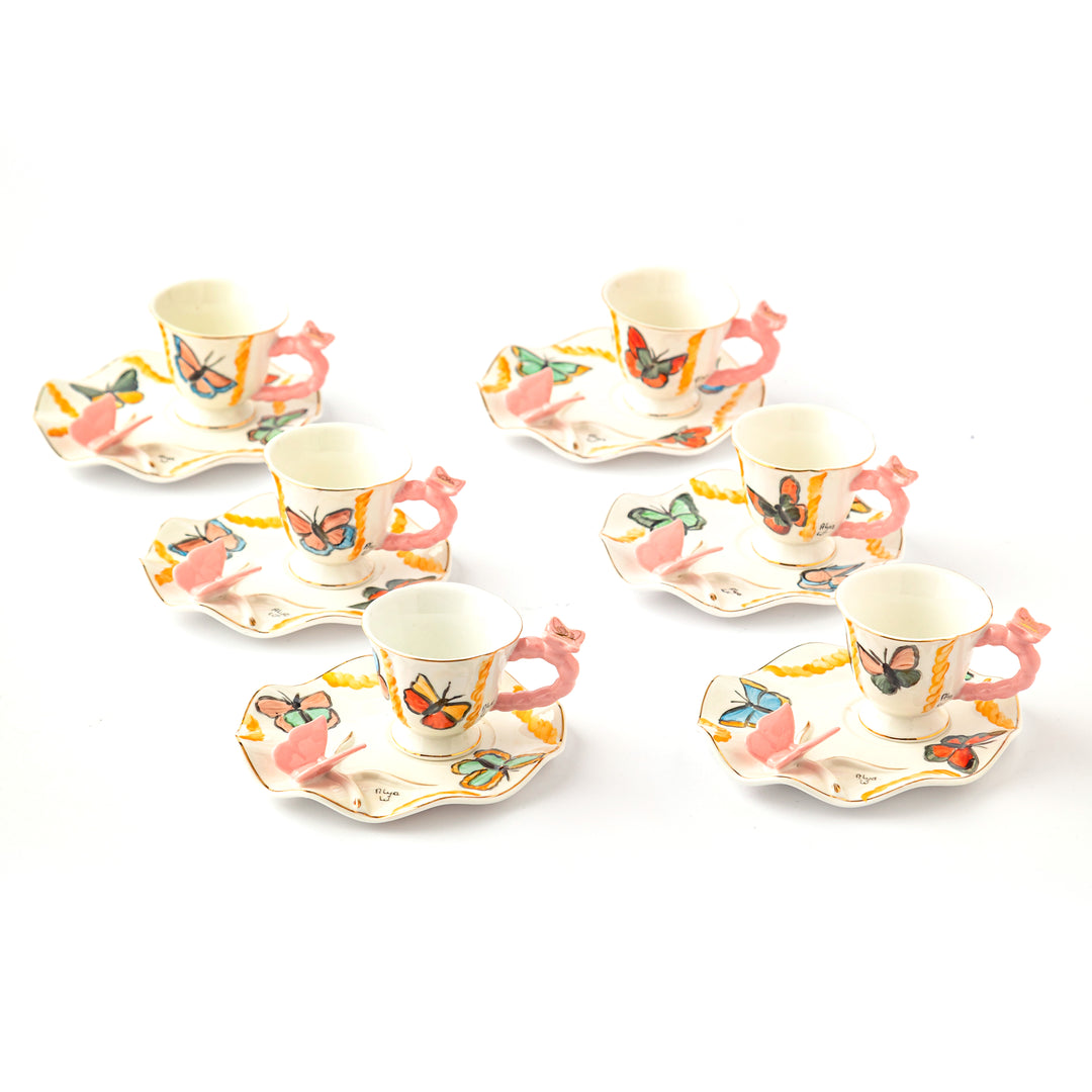 Hand Painted Butterflies - Pink Butterfly Roses Turkish Coffee Set - 6 Cups with underline