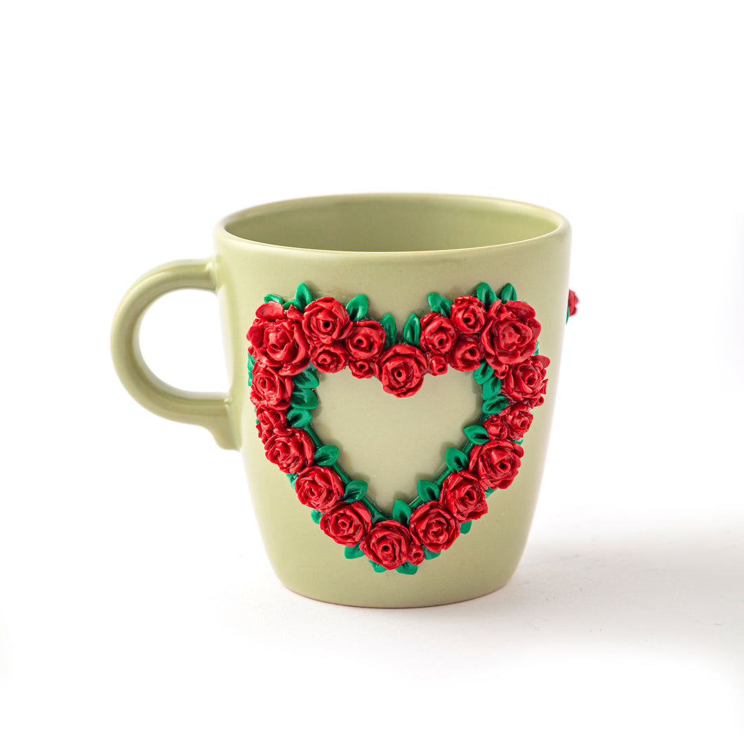 Porcelain U Shaped Mug - Beige - Red Roses Heart - 300 ml