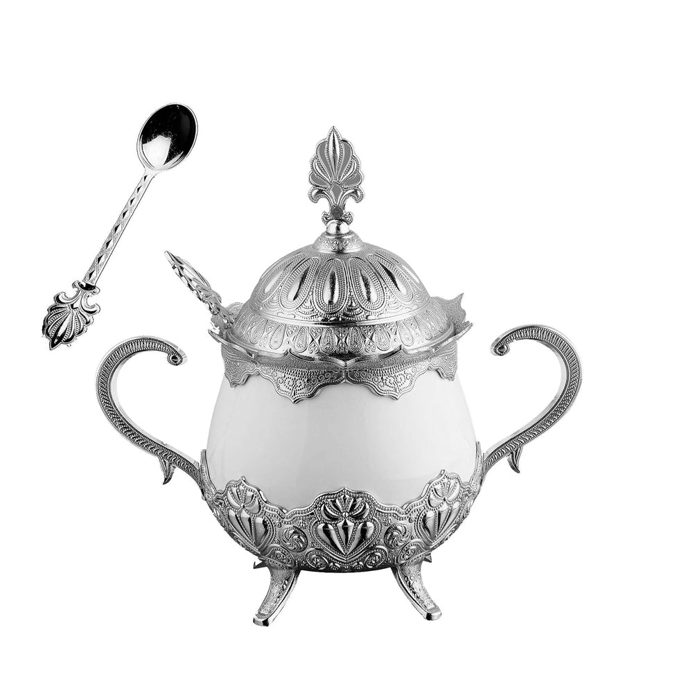 Porcelain Sugar Bowl With Small Spoon  - White & Silver