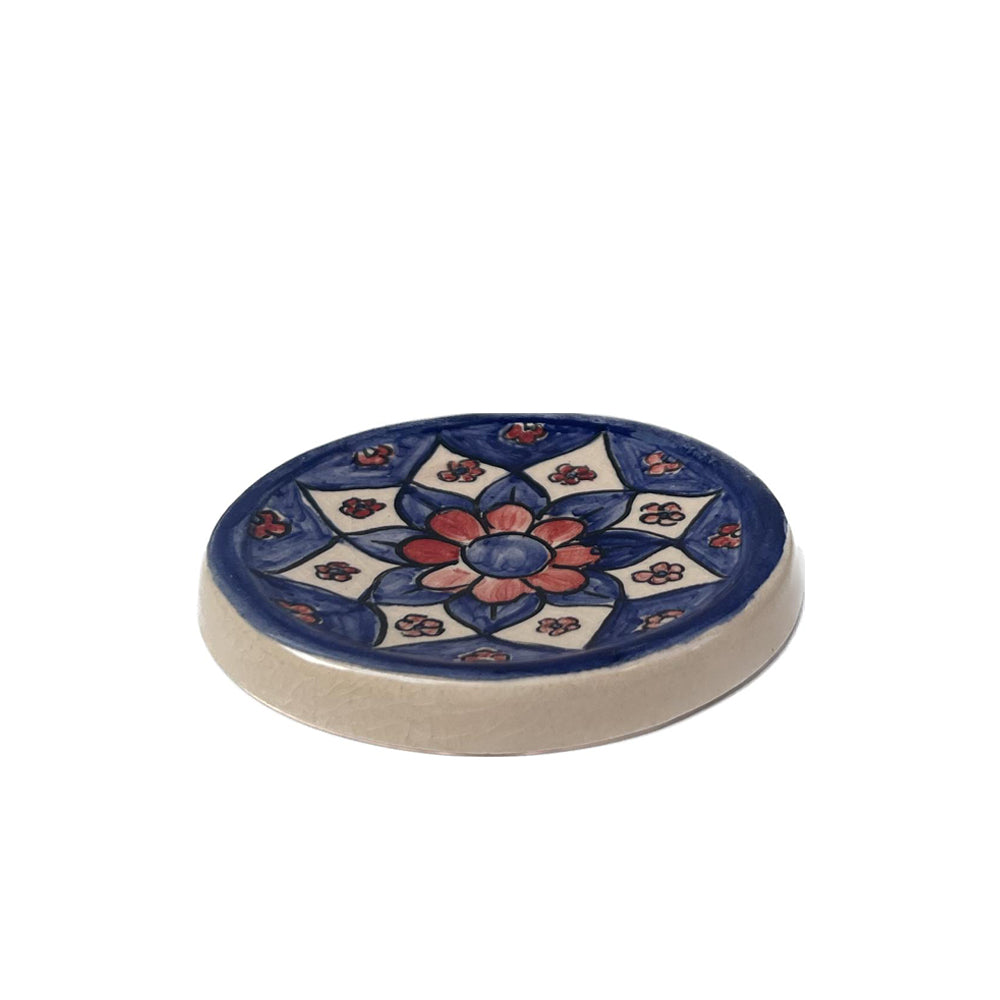 Round Pottery Coaster - Blue Floral Mandala