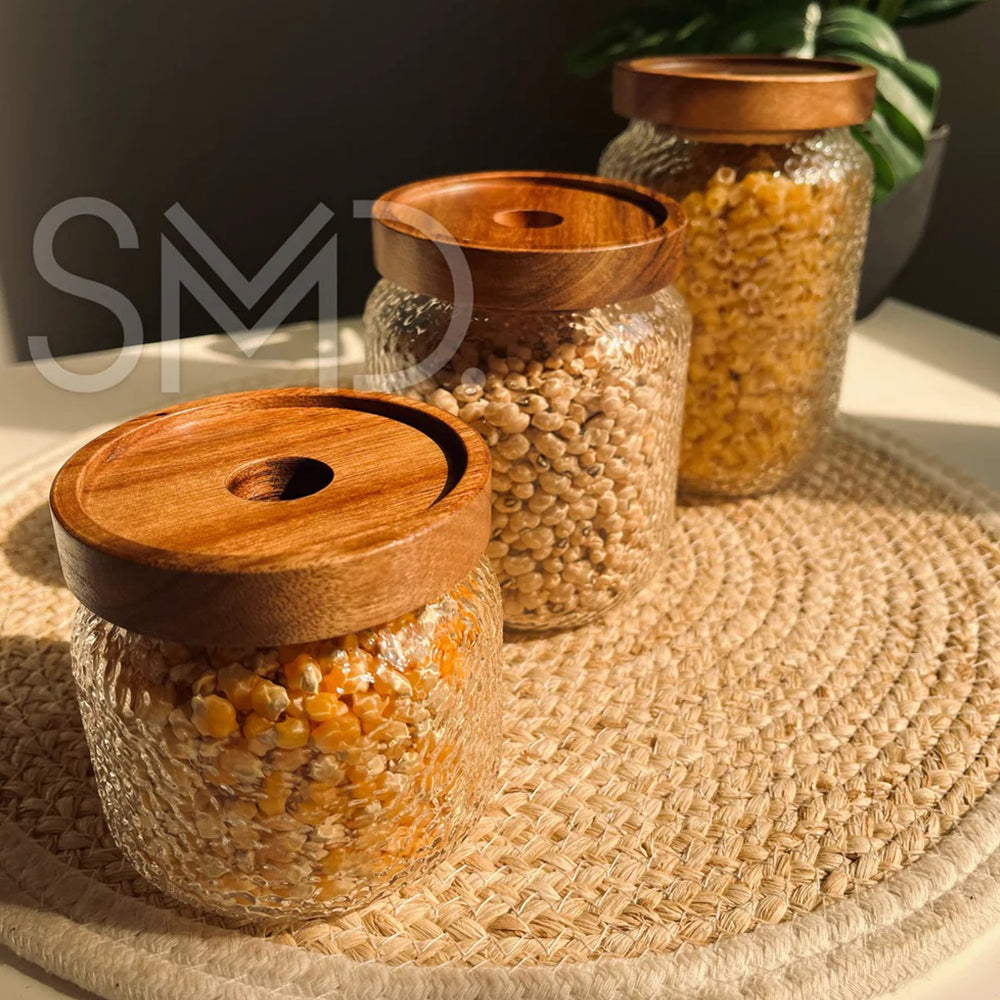 Set of 3 Textured Glass Jars with Wooden Lids