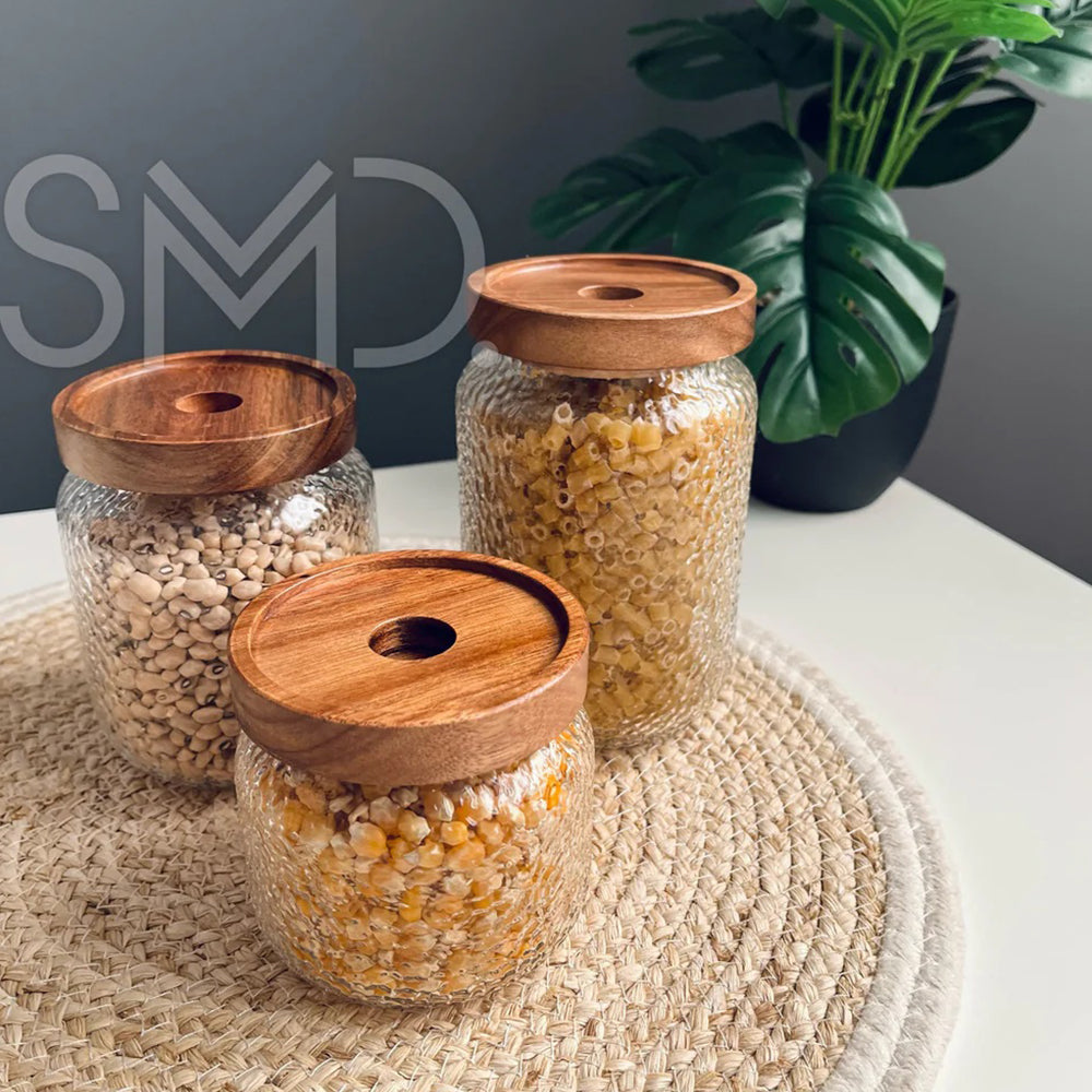 Set of 3 Textured Glass Jars with Wooden Lids