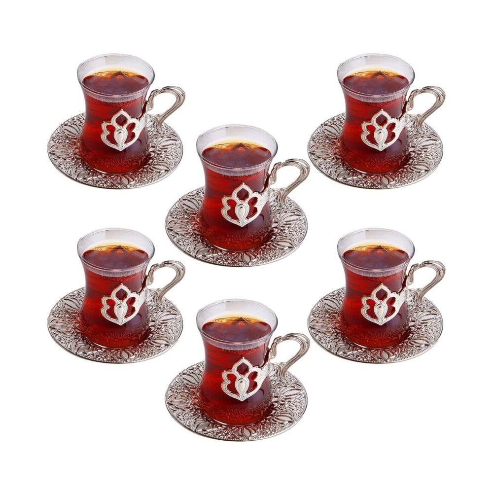 Turkish Glass Tea Set - 6 Tea Cups and 6 Tea Saucers - Silver