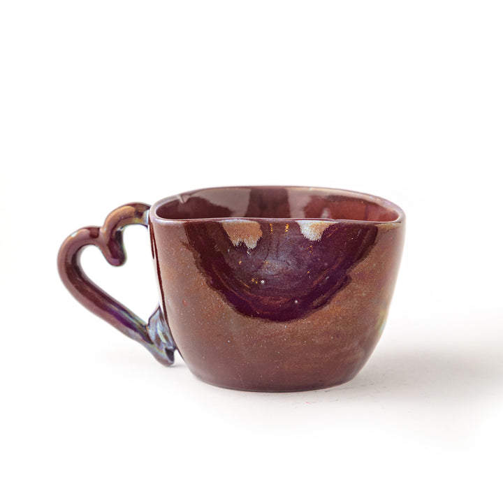 Handmade Pottery Mug - Heart Shaped - Rustic Glossy - Burgundy - 275 ml