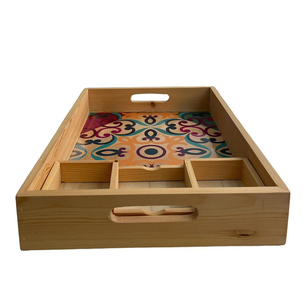 Rectangle Wooden Tray with 3 Wooden Organizer - Colorful Plastic Plate - 32*44*6cm - Qamar