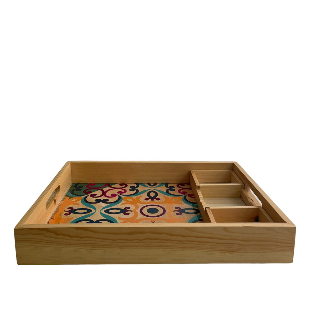 Rectangle Wooden Tray with 3 Wooden Organizer - Colorful Plastic Plate - 32*44*6cm - Qamar