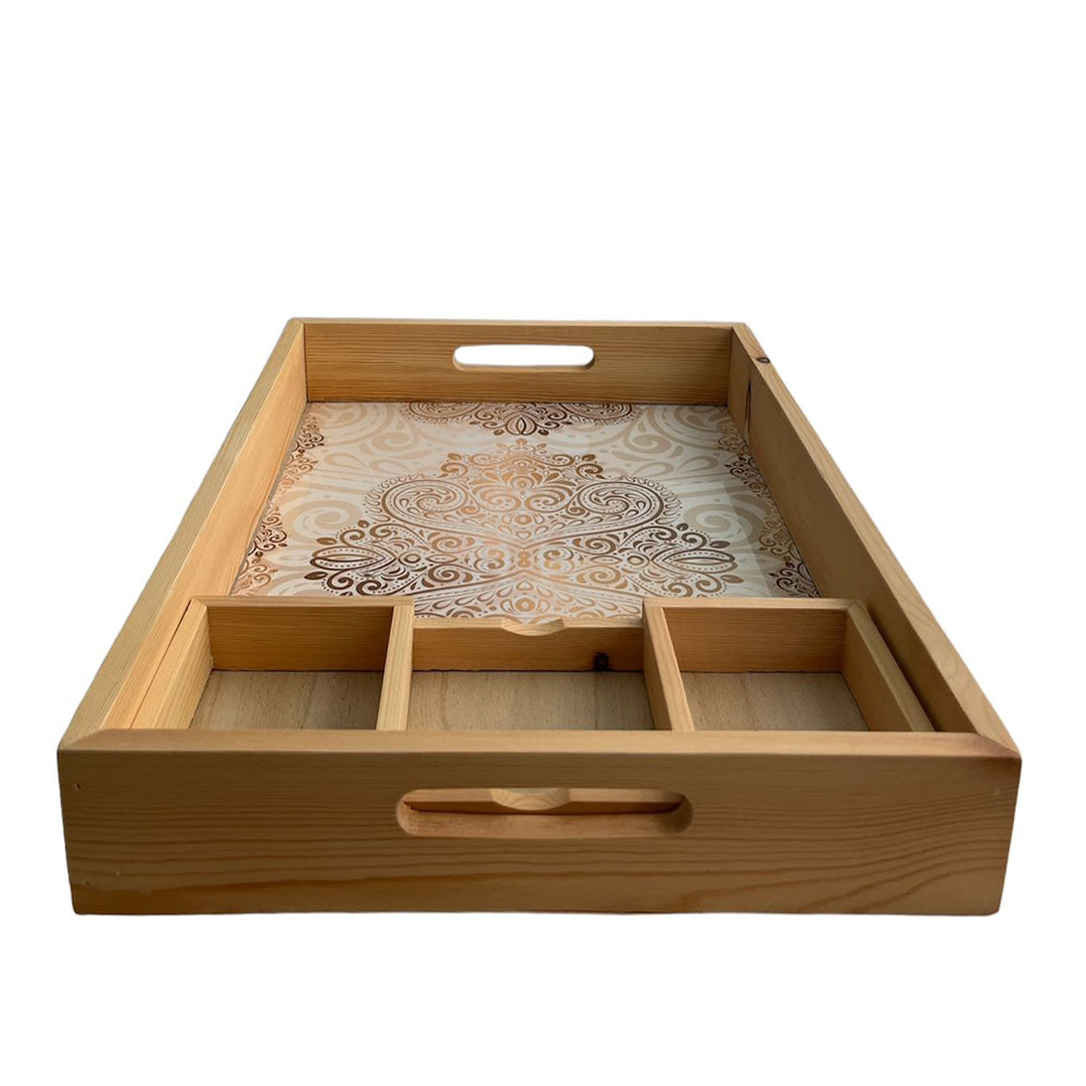 Rectangle Wooden Tray with 3 Wooden Organizer - White & Gold Plastic Plate - 32*44*6cm - Royal