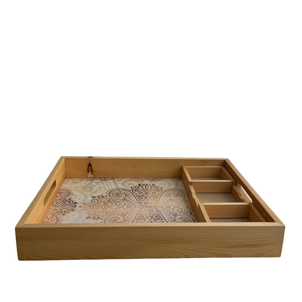 Rectangle Wooden Tray with 3 Wooden Organizer - White & Gold Plastic Plate - 32*44*6cm - Royal