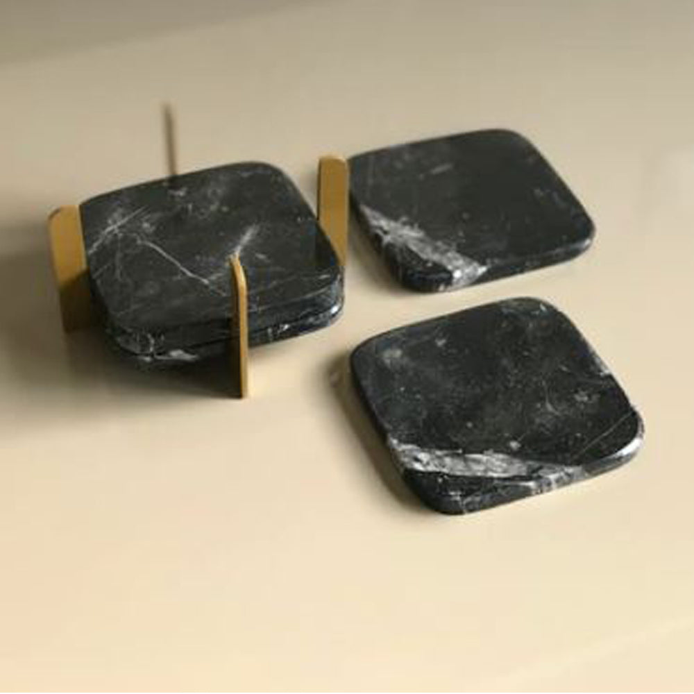 SM Designs - Square Black Marble Coaster Set with Golden Holder - 4 Coasters