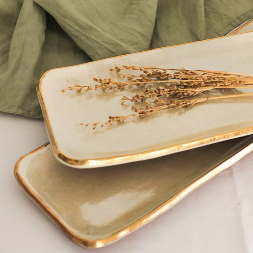 Medium 30cm Rectangular Platter with Real Gold Extract Rims - Pearl Beige