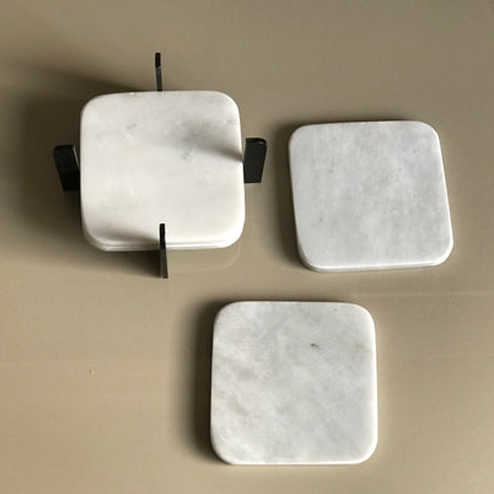 SM Designs - White Square Marble Coaster Set with Black Holder - 4 Coasters