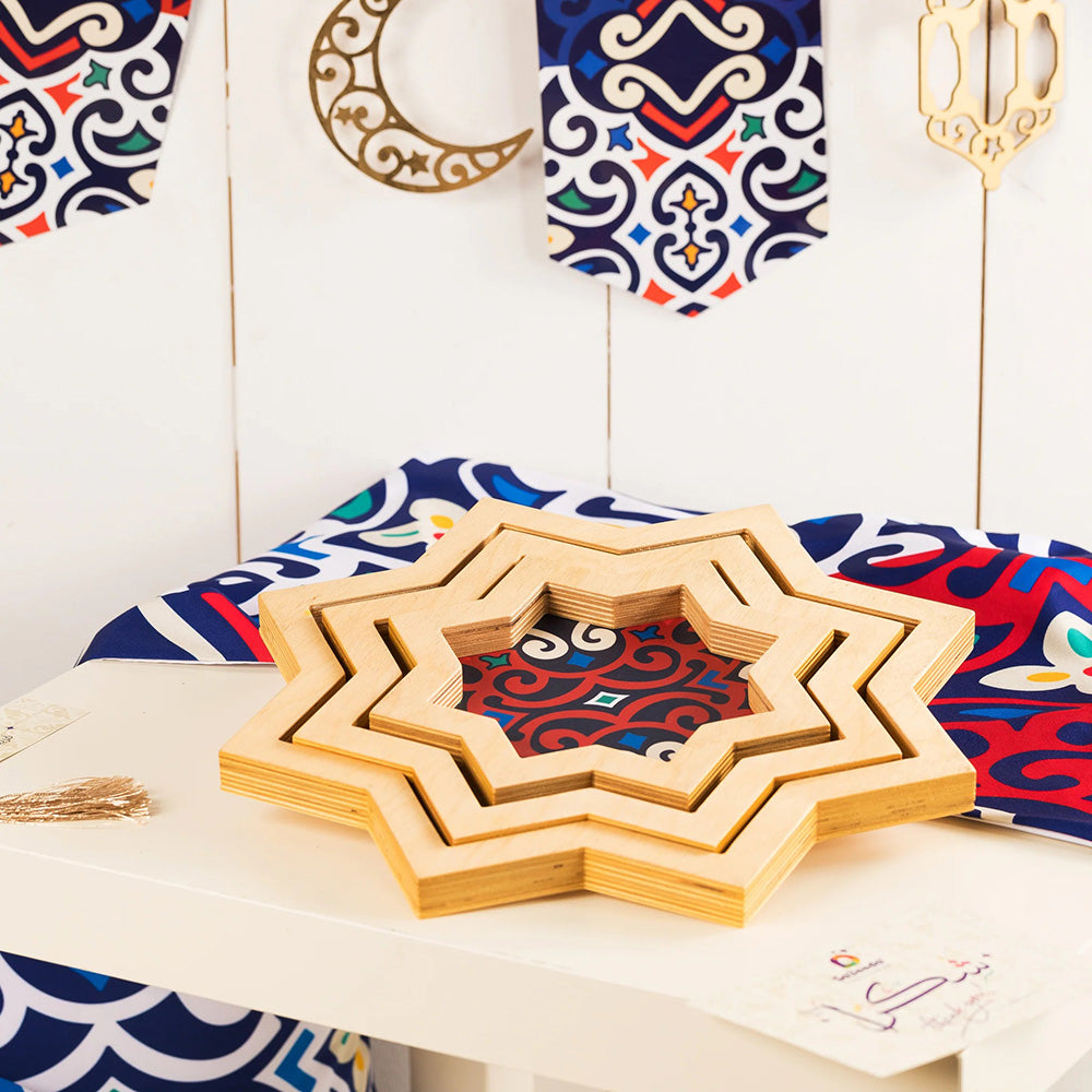 Wooden Star Shaped Tray Set - Khayamia Design - 3 pieces